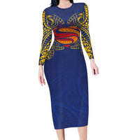Super Samoan Traditional Tribal Art Tattoos Long Sleeve Bodycon Dress Blue Color LT03 Long Dress Blue - Polynesian Pride