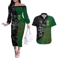 Custom Aotearoa South Africa Rugby Freedom Cup Couples Matching Off The Shoulder Long Sleeve Dress and Hawaiian Shirt Kiwi Warriors Haka with King Protea Symbol LT03 Green - Polynesian Pride