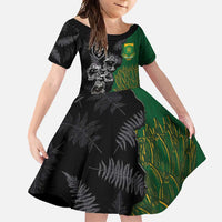 Custom Aotearoa South Africa Rugby Freedom Cup Family Matching Long Sleeve Bodycon Dress and Hawaiian Shirt Kiwi Warriors Haka with King Protea Symbol LT03 Daughter's Dress Green - Polynesian Pride