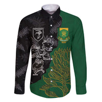 Custom Aotearoa South Africa Rugby Freedom Cup Family Matching Off The Shoulder Long Sleeve Dress and Hawaiian Shirt Kiwi Warriors Haka with King Protea Symbol LT03 Dad's Shirt - Long Sleeve Green - Polynesian Pride