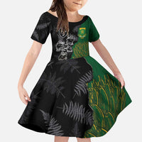 Custom Aotearoa South Africa Rugby Freedom Cup Family Matching Puletasi and Hawaiian Shirt Kiwi Warriors Haka with King Protea Symbol LT03 Daughter's Dress Green - Polynesian Pride