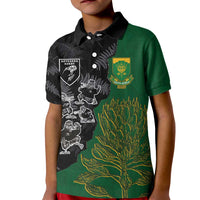 Custom Aotearoa South Africa Rugby Freedom Cup Kid Polo Shirt Kiwi Warriors Haka with King Protea Symbol LT03 Kid Green - Polynesian Pride