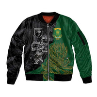 Custom Aotearoa South Africa Rugby Freedom Cup Sleeve Zip Bomber Jacket Kiwi Warriors Haka with King Protea Symbol - Polynesian Pride