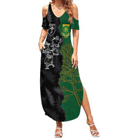 Custom Aotearoa South Africa Rugby Freedom Cup Summer Maxi Dress Kiwi Warriors Haka with King Protea Symbol LT03 Women Green - Polynesian Pride