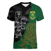Custom Aotearoa South Africa Rugby Freedom Cup Women V-Neck T-Shirt Kiwi Warriors Haka with King Protea Symbol LT03 Female Green - Polynesian Pride