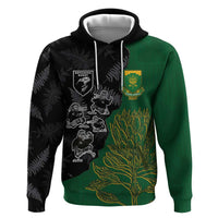 Custom Aotearoa South Africa Rugby Freedom Cup Zip Hoodie Kiwi Warriors Haka with King Protea Symbol LT03 Pullover Hoodie Green - Polynesian Pride