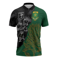Custom Aotearoa South Africa Rugby Freedom Cup Zipper Polo Shirt Kiwi Warriors Haka with King Protea Symbol LT03 Green - Polynesian Pride