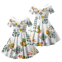 Hawaiian Quilts Family Matching Mermaid Dress and Hawaiian Shirt Tropical Fruits and Plants LT03 Daughter's Dress White - Polynesian Pride