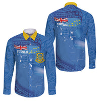 Tuvalu Heritage Family Matching Off The Shoulder Long Sleeve Dress and Hawaiian Shirt Map of the Islands and Polynesia Pattern LT03 Dad's Shirt - Long Sleeve Blue - Polynesian Pride