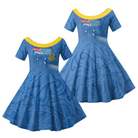 Tuvalu Heritage Family Matching Off The Shoulder Long Sleeve Dress and Hawaiian Shirt Map of the Islands and Polynesia Pattern LT03 Daughter's Dress Blue - Polynesian Pride