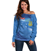 Tuvalu Heritage Off Shoulder Sweater Map of the Islands and Polynesia Pattern LT03 Women Blue - Polynesian Pride