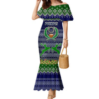 Personalised Pohnpei State Christmas Family Matching Mermaid Dress and Hawaiian Shirt Coat of Arms Beautiful Merry Xmas Snowflake LT03 Mom's Dress Blue - Polynesian Pride