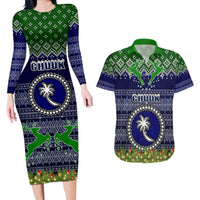 Personalised Chuuk State Christmas Couples Matching Long Sleeve Bodycon Dress and Hawaiian Shirt Coat of Arms Beautiful Merry Xmas Snowflake LT03 Blue - Polynesian Pride