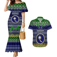 Personalised Chuuk State Christmas Couples Matching Mermaid Dress and Hawaiian Shirt Coat of Arms Beautiful Merry Xmas Snowflake LT03 Blue - Polynesian Pride