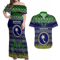 Personalised Chuuk State Christmas Couples Matching Off Shoulder Maxi Dress and Hawaiian Shirt Coat of Arms Beautiful Merry Xmas Snowflake LT03 Blue - Polynesian Pride