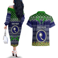 Personalised Chuuk State Christmas Couples Matching Off The Shoulder Long Sleeve Dress and Hawaiian Shirt Coat of Arms Beautiful Merry Xmas Snowflake LT03 - Polynesian Pride