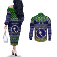 Personalised Chuuk State Christmas Couples Matching Off The Shoulder Long Sleeve Dress and Long Sleeve Button Shirts Coat of Arms Beautiful Merry Xmas Snowflake LT03 - Polynesian Pride