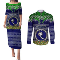 Personalised Chuuk State Christmas Couples Matching Puletasi Dress and Long Sleeve Button Shirts Coat of Arms Beautiful Merry Xmas Snowflake LT03 Blue - Polynesian Pride