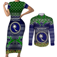 Personalised Chuuk State Christmas Couples Matching Short Sleeve Bodycon Dress and Long Sleeve Button Shirts Coat of Arms Beautiful Merry Xmas Snowflake LT03 Blue - Polynesian Pride