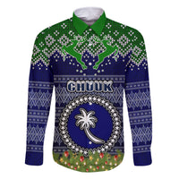 Personalised Chuuk State Christmas Family Matching Summer Maxi Dress and Hawaiian Shirt Coat of Arms Beautiful Merry Xmas Snowflake LT03 Dad's Shirt - Long Sleeve Blue - Polynesian Pride