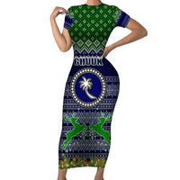 Personalised Chuuk State Christmas Short Sleeve Bodycon Dress Coat of Arms Beautiful Merry Xmas Snowflake LT03 Long Dress Blue - Polynesian Pride