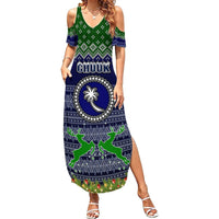 Personalised Chuuk State Christmas Summer Maxi Dress Coat of Arms Beautiful Merry Xmas Snowflake LT03 Women Blue - Polynesian Pride