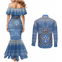 Kosrae Christmas Couples Matching Mermaid Dress and Long Sleeve Button Shirts Coat of Arms Beautiful Merry Xmas Snowflake LT03 - Polynesian Pride