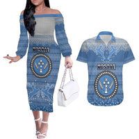 Kosrae Christmas Couples Matching Off The Shoulder Long Sleeve Dress and Hawaiian Shirt Coat of Arms Beautiful Merry Xmas Snowflake LT03 Blue - Polynesian Pride