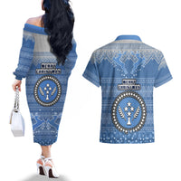 Kosrae Christmas Couples Matching Off The Shoulder Long Sleeve Dress and Hawaiian Shirt Coat of Arms Beautiful Merry Xmas Snowflake LT03 - Polynesian Pride