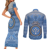 Kosrae Christmas Couples Matching Short Sleeve Bodycon Dress and Long Sleeve Button Shirts Coat of Arms Beautiful Merry Xmas Snowflake LT03 - Polynesian Pride