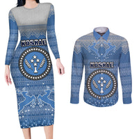 Personalised Kosrae Christmas Couples Matching Long Sleeve Bodycon Dress and Long Sleeve Button Shirts Coat of Arms Beautiful Merry Xmas Snowflake LT03 Blue - Polynesian Pride