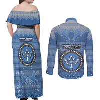 Personalised Kosrae Christmas Couples Matching Off Shoulder Maxi Dress and Long Sleeve Button Shirts Coat of Arms Beautiful Merry Xmas Snowflake LT03 - Polynesian Pride