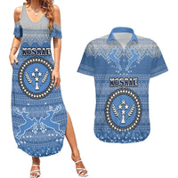 Personalised Kosrae Christmas Couples Matching Summer Maxi Dress and Hawaiian Shirt Coat of Arms Beautiful Merry Xmas Snowflake LT03 Blue - Polynesian Pride