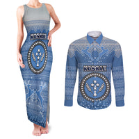 Personalised Kosrae Christmas Couples Matching Tank Maxi Dress and Long Sleeve Button Shirts Coat of Arms Beautiful Merry Xmas Snowflake LT03 Blue - Polynesian Pride