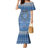 Personalised Kosrae Christmas Family Matching Mermaid Dress and Hawaiian Shirt Coat of Arms Beautiful Merry Xmas Snowflake LT03 Mom's Dress Blue - Polynesian Pride