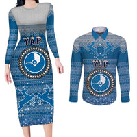 Personalised Yap Christmas Couples Matching Long Sleeve Bodycon Dress and Long Sleeve Button Shirts Coat of Arms Beautiful Merry Xmas Snowflake LT03 Blue - Polynesian Pride