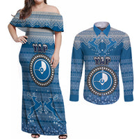 Personalised Yap Christmas Couples Matching Off Shoulder Maxi Dress and Long Sleeve Button Shirts Coat of Arms Beautiful Merry Xmas Snowflake LT03 Blue - Polynesian Pride