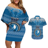 Personalised Yap Christmas Couples Matching Off Shoulder Short Dress and Hawaiian Shirt Coat of Arms Beautiful Merry Xmas Snowflake LT03 Blue - Polynesian Pride