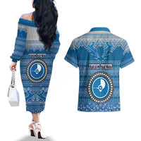 Personalised Yap Christmas Couples Matching Off The Shoulder Long Sleeve Dress and Hawaiian Shirt Coat of Arms Beautiful Merry Xmas Snowflake LT03 - Polynesian Pride