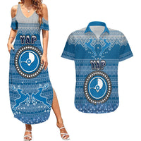 Personalised Yap Christmas Couples Matching Summer Maxi Dress and Hawaiian Shirt Coat of Arms Beautiful Merry Xmas Snowflake LT03 Blue - Polynesian Pride