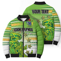 Personalised Cook Islands Va'a Race Bomber Puffer Jacket Te Tatau Tattoos Sporty Style Green-White Color LT03 - Polynesian Pride