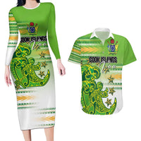 Personalised Cook Islands Va'a Race Couples Matching Long Sleeve Bodycon Dress and Hawaiian Shirt Te Tatau Tattoos Sporty Style Green-White Color LT03 Green - Polynesian Pride