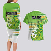 Personalised Cook Islands Va'a Race Couples Matching Long Sleeve Bodycon Dress and Hawaiian Shirt Te Tatau Tattoos Sporty Style Green-White Color LT03 - Polynesian Pride
