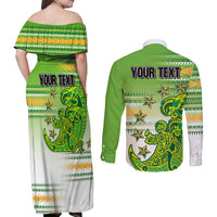 Personalised Cook Islands Va'a Race Couples Matching Off Shoulder Maxi Dress and Long Sleeve Button Shirt Te Tatau Tattoos Sporty Style Green-White Color LT03 - Polynesian Pride