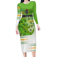 Personalised Cook Islands Va'a Race Long Sleeve Bodycon Dress Te Tatau Tattoos Sporty Style Green-White Color LT03 Long Dress Green - Polynesian Pride