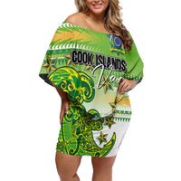 Personalised Cook Islands Va'a Race Off Shoulder Short Dress Te Tatau Tattoos Sporty Style Green-White Color LT03 Women Green - Polynesian Pride