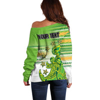 Personalised Cook Islands Va'a Race Off Shoulder Sweater Te Tatau Tattoos Sporty Style Green-White Color LT03 - Polynesian Pride