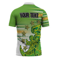 Personalised Cook Islands Va'a Race Zipper Polo Shirt Te Tatau Tattoos Sporty Style Green-White Color LT03 - Polynesian Pride