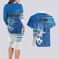 Personalised Cook Islands Va'a Race Couples Matching Long Sleeve Bodycon Dress and Hawaiian Shirt Te Tatau Tattoos Sporty Style Light Blue Color LT03 - Polynesian Pride