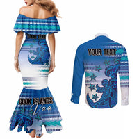 Personalised Cook Islands Va'a Race Couples Matching Mermaid Dress and Long Sleeve Button Shirt Te Tatau Tattoos Sporty Style Light Blue Color LT03 - Polynesian Pride